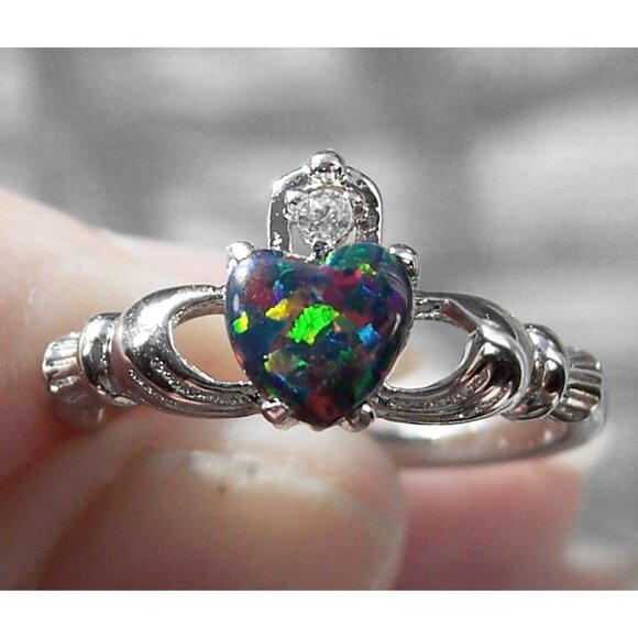 925 STERLING SILVER Dainty Lab Created Black Opal CZ Celtic Claddagh Ring - Picture 8 of 16